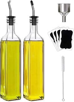 Olive Oil Dispenser Bottle, 2 Pcs Glass Olive Oil Dispenser and Vinegar Dispenser Set with 2 Stainless Steel Pourers, 4 Labels,1 Brush and 1 Funnel Oil Bottles for Kitchen (500ml)