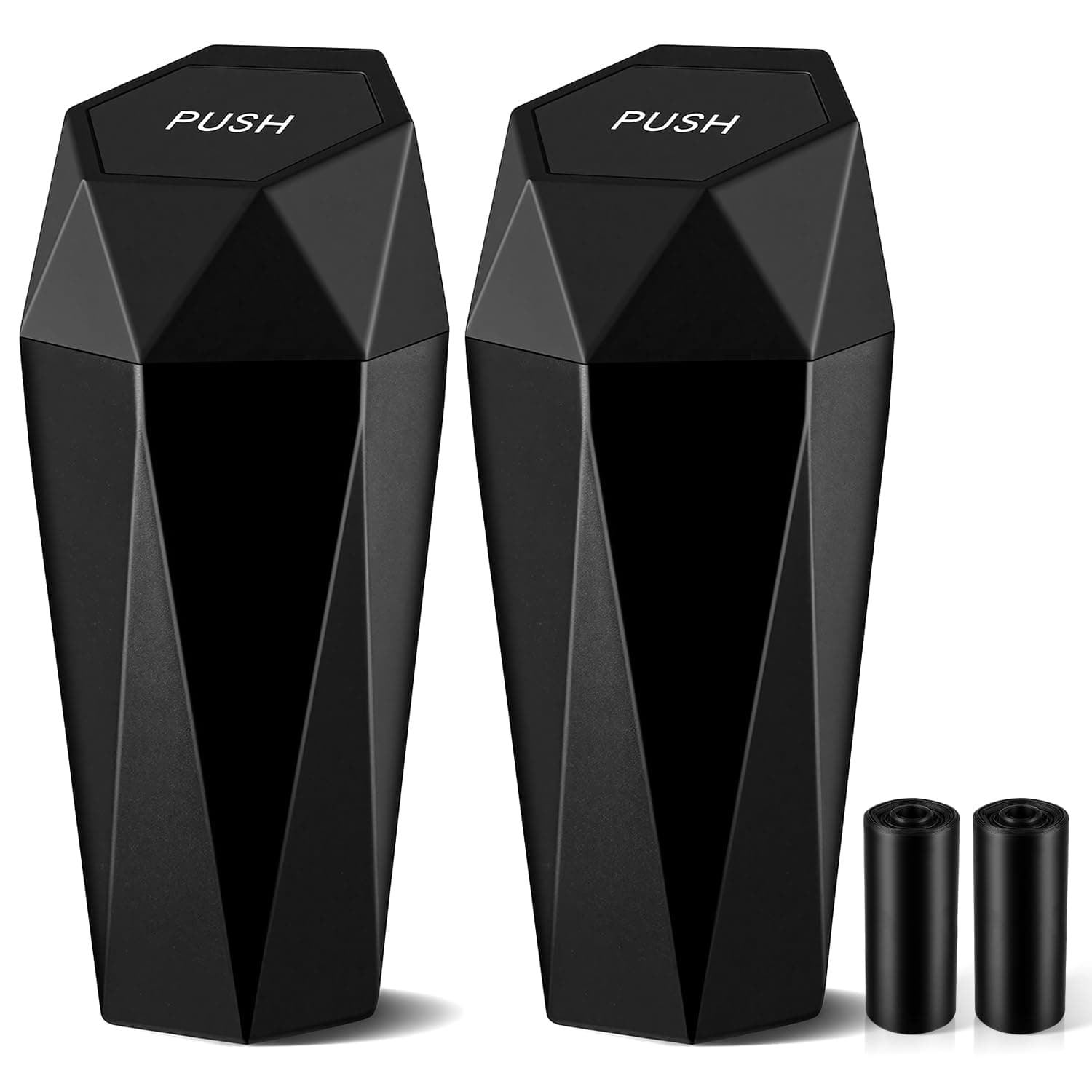 Car Trash Can with Lid, Diamond Design Small Automatic Portable Trash Can, Easy to Clean, Used in Car Home Office Interior Accessories, 2PCS (Black)