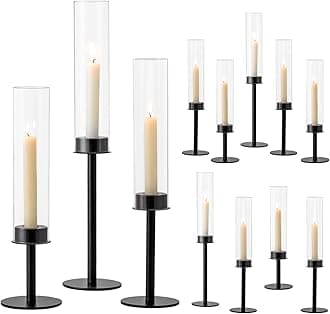 Hewory Black Candlestick Holders Hurricane Candle Holder, 12Pcs Candle Stick Candle Holder Candelabra, Taper Candle Holders with Glass Candle Cover for Wedding Table Centerpiece Christmas Decor
