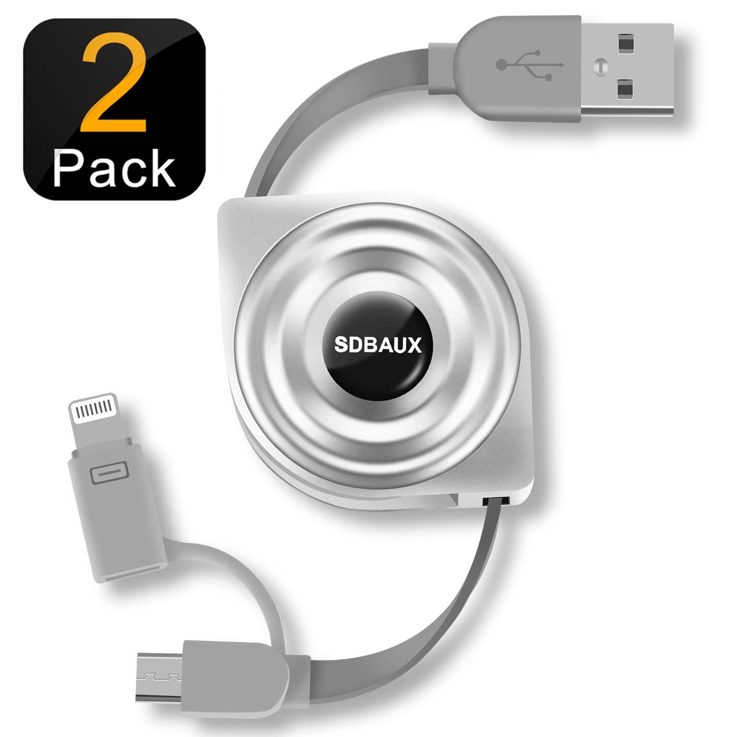 SDBAUX Retractable Phone Charging Cable, Micro USB 2 in 1 Charger Cord and Data Sync Compatible for iPhone 11 pro XS Max XR X 8 7 6 Plus 5s Samsung Galaxy S6 S7 Edge Note 5 LG HTC (2Pack/3.3ft)
