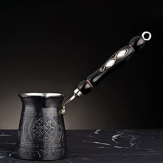 BCS Turkish Greek Arabic Coffee Maker 12 Oz Copper Coffee Maker with Wooden Handle (4 Servings) Cezve Ibrik Briki with Wooden Spoon