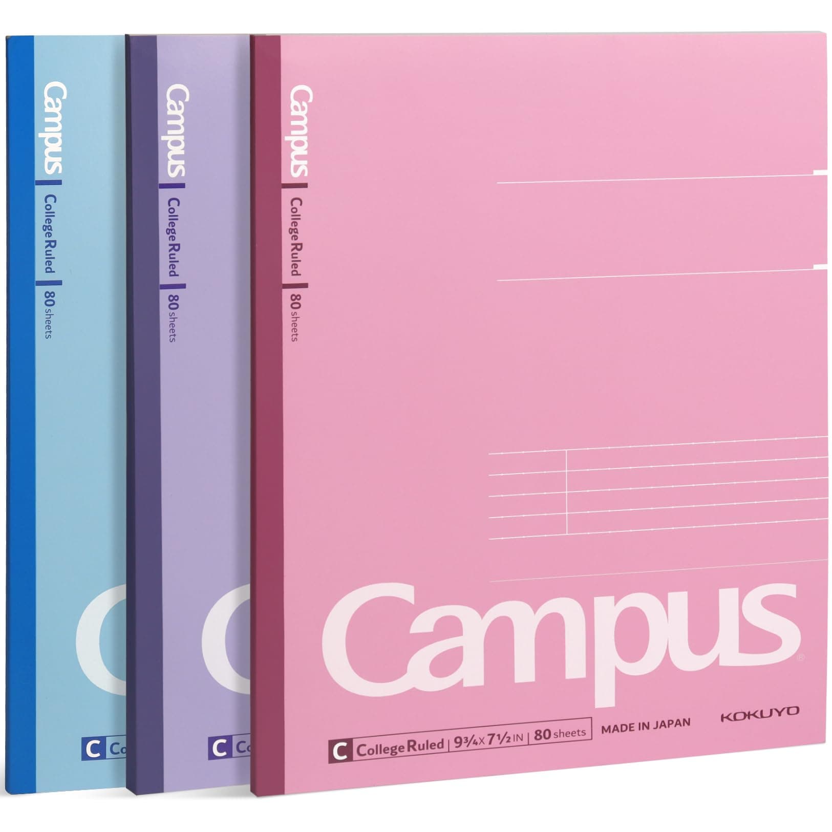 Campus Notebook, 9-3/4“ x 7-1/2”, College Ruled, 80 Sheets (160 pages), Bleed Resistant, Pack of 3 Colors - Pink, Blue, Lavender, Made in Japan (WSG-NO-308CG1×3)