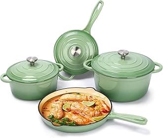 Hisencn Enameled Cast Iron Cookware Set - 7 Piece Set of Dutch Ovens, Sauce Pan, Skillet, 3 Lids, Dutch Oven Set, Ceramic Coated Cast Iron, Heavy Duty, Gas/Induction Compatible (Pistachio Green)