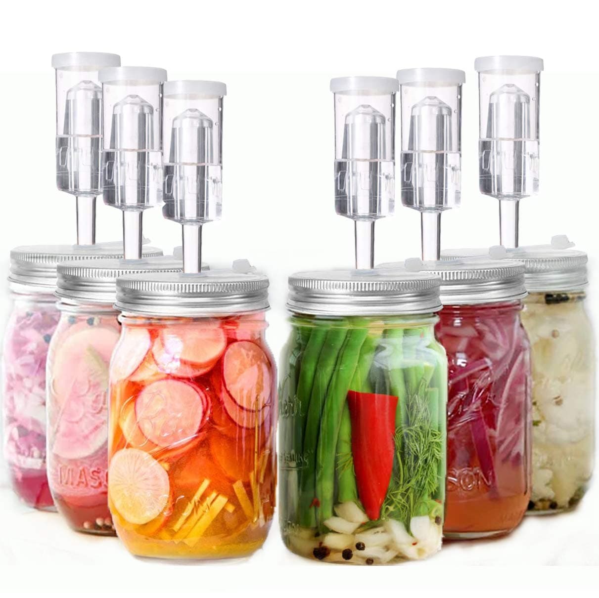 Klemon Fermentation Lids, 6 Set Fermentation Kit for Wide Mouth Jars, 6 Stainless Steel Fermenting Lids with 24 Silicone Grommets, 6 Airlocks, 6 Silicone Rings(Jars Not Included)