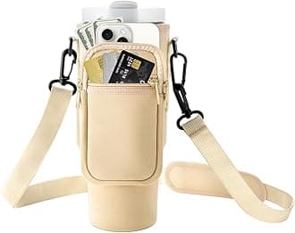 Water Bottle Carrier Bag with Phone Pocket Stanley Cream Water Bottle Holder Sleeve with Strap Carrier Tumbler Pouch for Stanley Cup 30 40oz (Cream)