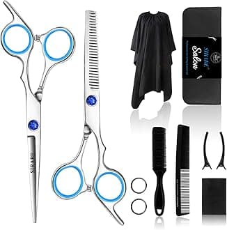 Hair Cutting Scissors Set 6 inches, Professional Stainless Steel Reinforced Barber/Salon Shears for Hairdressing, Thinning, Home Use - Flat Shears, Teeth Shear, Comb Neck Duster & Hair Clip Included