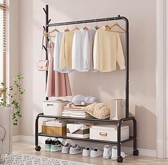 Lukzer | MGR-008 | Black | Metal Garment Rack with Wheels & 2 Bottom Shelves – Freestanding Clothes Stand & Storage Organizer for Bedroom, Living Room, Shop Display & More | 173 x 110 x 34 cm