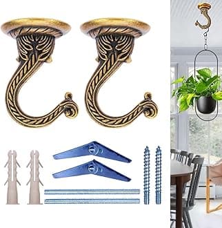 Indian Discovery Heavy Duty Antique Brass Ceiling Hooks for Hanging Plants, Wind Chimes, Lanterns, String Lights, Ornaments, and More (Set of 2, Decorative Metal Wall/Ceiling Brackets)