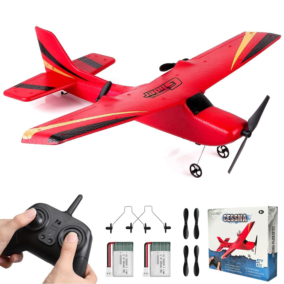 HAWK'S WORK 2 CH Remote Control Airplane Z50, RTF 2.4 GHz, Suitable for Children and Beginners, Flying Glider (Red)