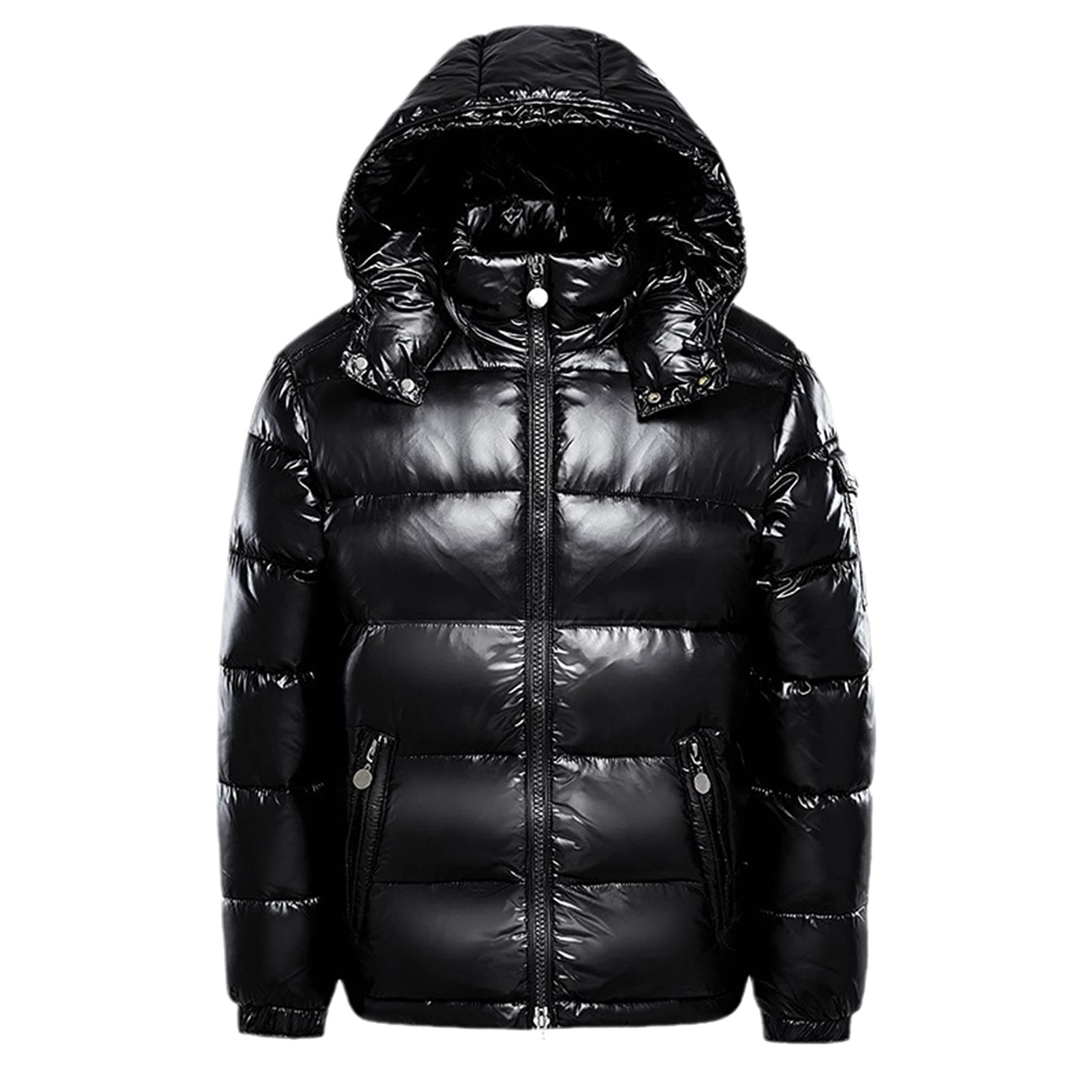 Men Warm Down Jackets Solid Color Winter Snow Down Jackets Hooded Zipper Metal Shining Windbreaker Parka