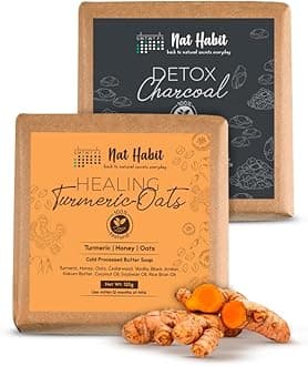 Nat Habit Healing Turmeric-Oats & Detox Charcoal Butter Bath Soap With Cold Processed For Detoxification, Skin Whitening, Tan Removal - (125g x 2, Combo)