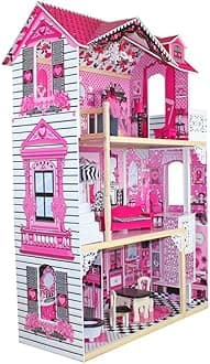 Large Wooden Play Doll House With Accessories & Furniture Role Play Doll House 4 Designs Christmas, Birthday Girls Gift (Design 4)