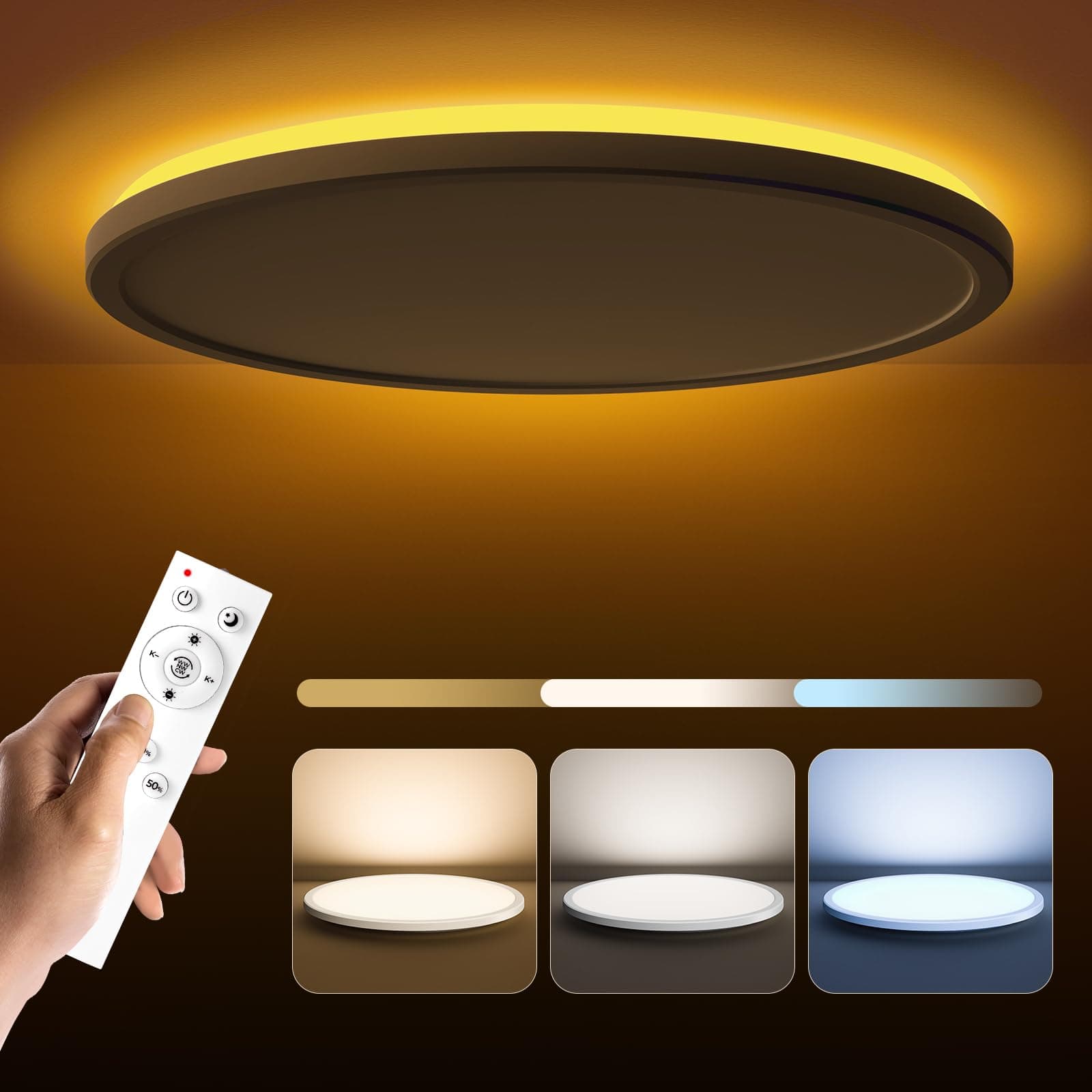 Matane 15.4in LED Flush Mount Ceiling Light Fixture with Remote, 2000K Warm Nightlight, Dimmable 3000K-6500K Low Profile Ceiling Lights for Bedroom, Living Room, 3600LM, White