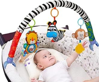 AMERTEER Baby Stroller Toy Bar | 3PCS Sensory Hanging Toys for Baby Bouncer & Stroller Arch| (L85cm,H24cm) Soft Cloth Animal Arch with Rattle, Music Box & Bibi Infant Travel Play for Motor Development