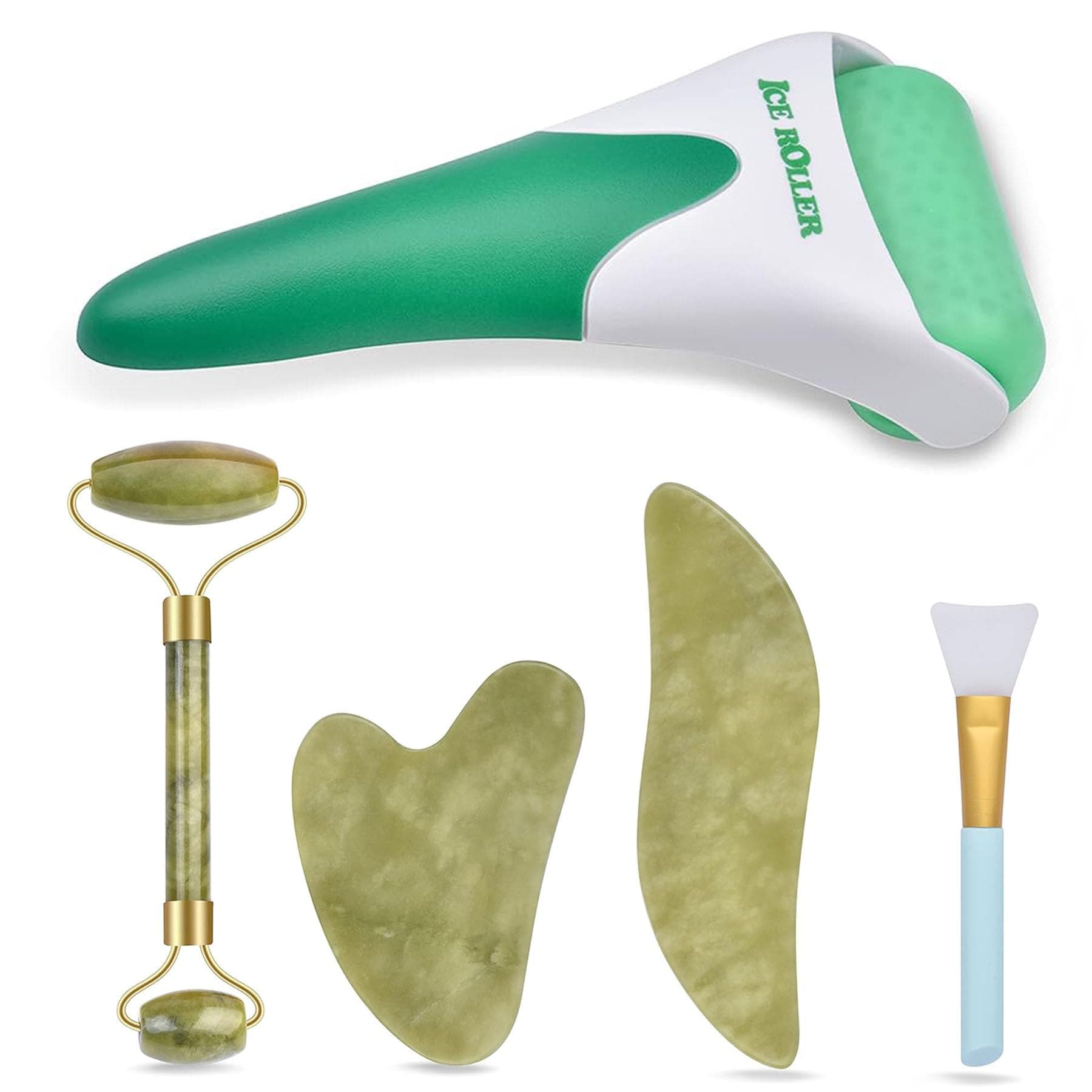 Charmonic 6 in 1 Ice Roller & Jade Roller and Gua Sha Set, Facial Massage Kits, Facial Roller Kit with Gua Sha Tool and Silicone Brush, Anti-Aging Jade Stone Massager for Face, Eyes, Neck Massage