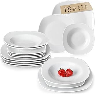 MALACASADinner Sets for 6 People, 18-Piece Ivory White Porcelain Plates and Bowls Set Dinnerware Set with 6-Piece Dinner Plate/Soup Plate/Dessert Plate, Series Elisa
