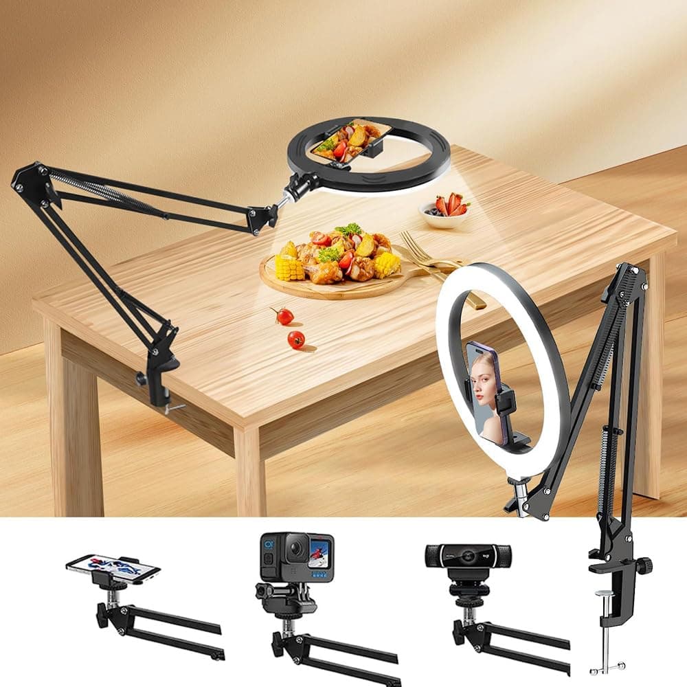 Overhead Camera Mount with 10" Ring Light and Phone Holder for Desk,Phone Mount Arm Stand with Remote for iPhone,Overhead Tripod for Viedo Recording Vlog YouTube TikTok Live Stream Cooking Nail Art