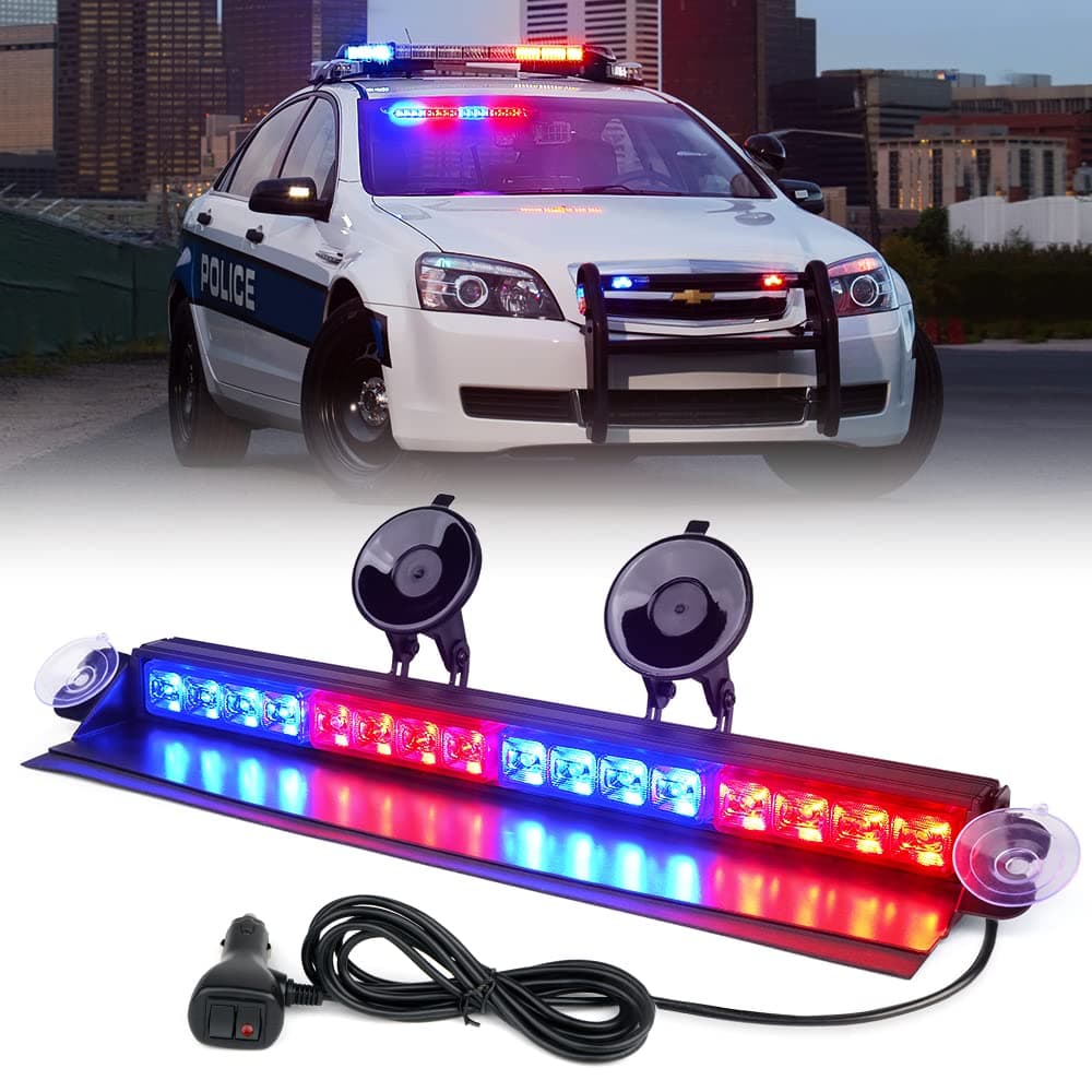 Xprite Windshield Dash Strobe Light Bar Aluminum w/Suction Cups, Deck Visor Hazard Warning Police Federal Signal Flashing Lights for Emergency POV Vehicles Volunteer Firefighter Trucks - Red&Blue