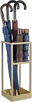 Umbrella Stand,Umbrella Holder for Entryway,20 Inch Tall Modern Brass Tone Metal Geometric Freestanding Entryway Umbrella Rack or Cane Holder with Shelf for Small Umbrellas and Bottom Drip Tray