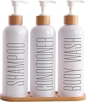 Shampoo and Conditioner Dispenser, Contains Shampoo Conditioner Body Wash Dispenser. Shower Soap Dispenser with Bamboo Pumps & Tray, Perfect for Modern Bathroom Decor. (White)