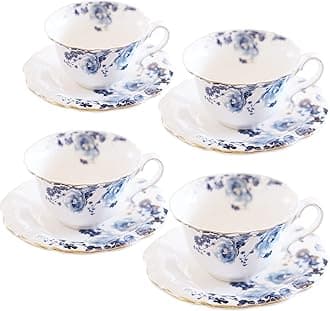 Ceramic Tea Cups Coffee Cup and Saucers Set of 4 (Blue and White)