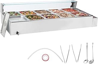 VEVOR 10-Pan Commercial Food Warmer, 10 x 12QT Electric Steam Table with Glass Cover, 3200W Countertop Stainless Steel Buffet Bain Marie w/Thermometer 86-185°F Temp Control for Catering, Restaurants