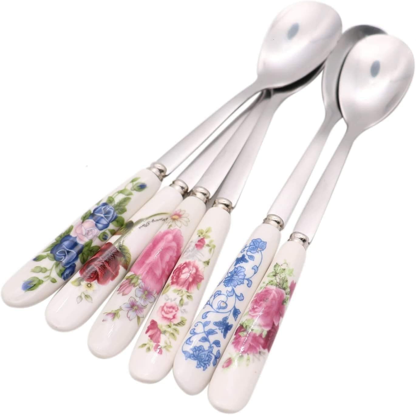 6 Pack Stainless Steel Coffee Spoon Ceramic Handle Teaspoon Sugar Ice Cream Desert Spoon Stirring Soup Tableware