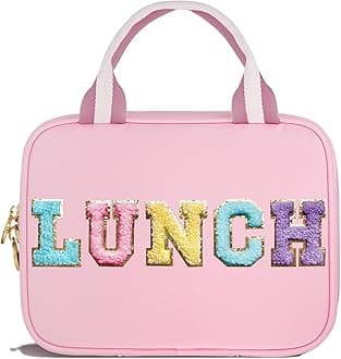 Janhavi Cute Insulated Lunch Bag for Women Personalized Preppy Kids Lunch Box for Girls Reusable Nylon Cooler Bag Lunch Tote Bag with Chenille Letter for School Beach Picnic Travel -LUNCH