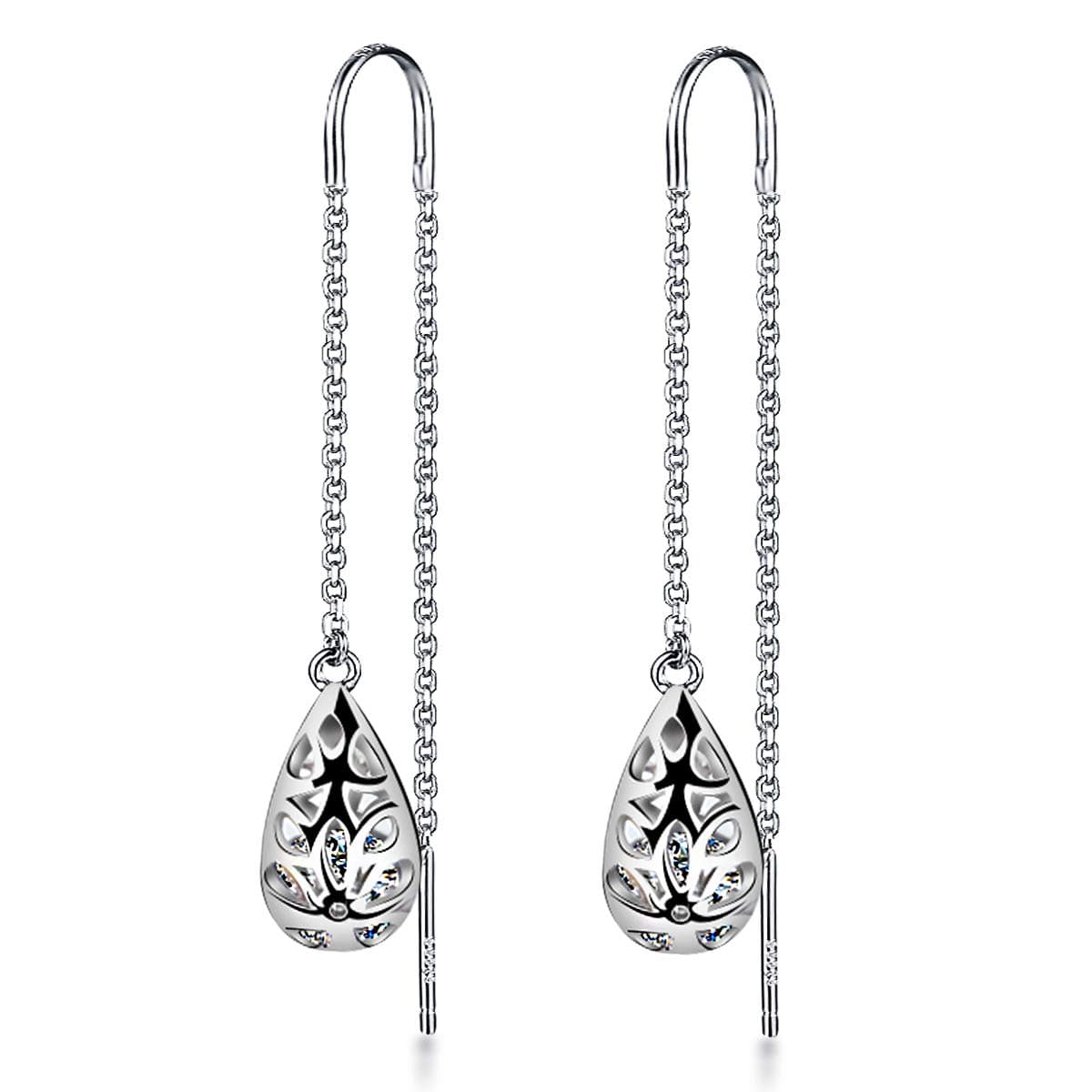 925 Sterling Silver zirconia Needle Drop Threader Pull Through Filigree Earrings for Womens