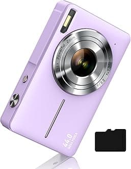 CAMKORY Digital Camera FHD 1080P, Kids Camera 44MP Point and Shoot Digital Cameras with 32GB Card, 16X Zoom, Two Batteries, Lanyard, Compact Small Camera Gift for Kids Boys Girls Students, Purple