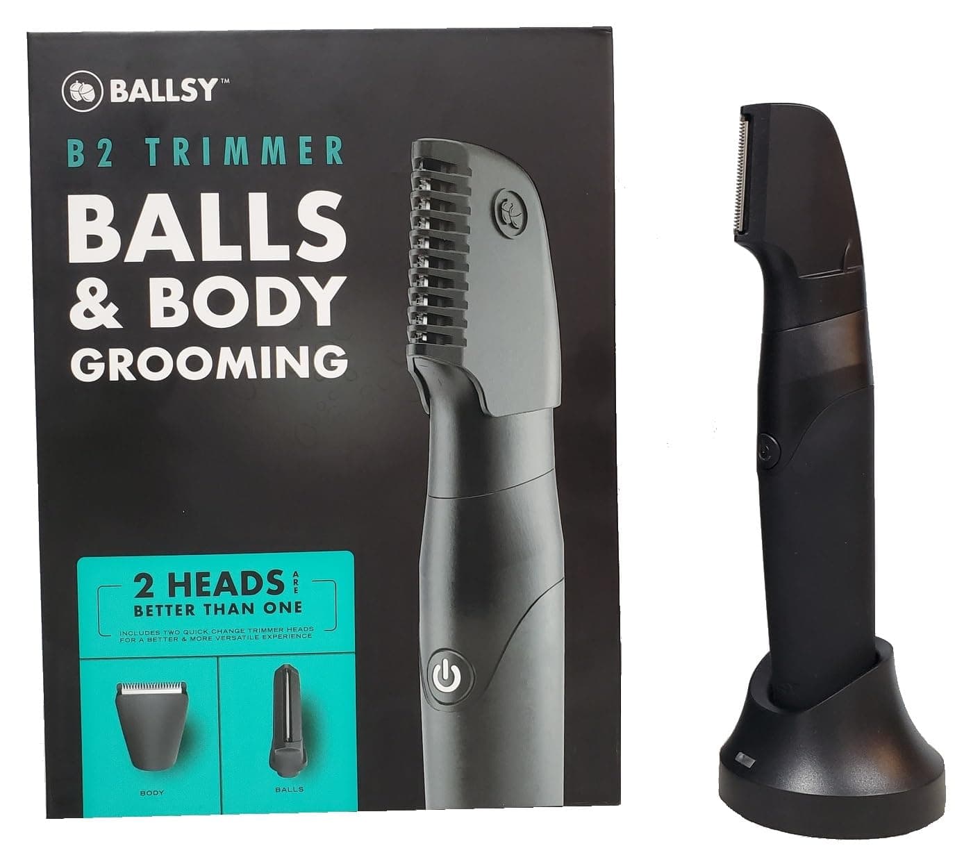Ballsy B2 Groin & Body Trimmer for Men, Includes 2 Quick Change Heads, Waterproof, Cordless Charging Base for The Ultimate Close Shave