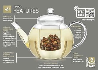 Teabloom Stovetop & Microwave Safe Glass Teapot (40 OZ) with Removable Loose Tea Glass Infuser – Includes 2 Blooming Teas – 2-in-1 Tea Kettle and Tea Maker