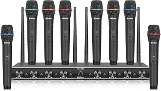 D Debra Audio AU800 Pro UHF 8 Channel Wireless Handheld Microphone System with 8 Cordless Handheld Mics, Metal Receiver, Ideal for Karaoke Church Party (With 8 Handheld)
