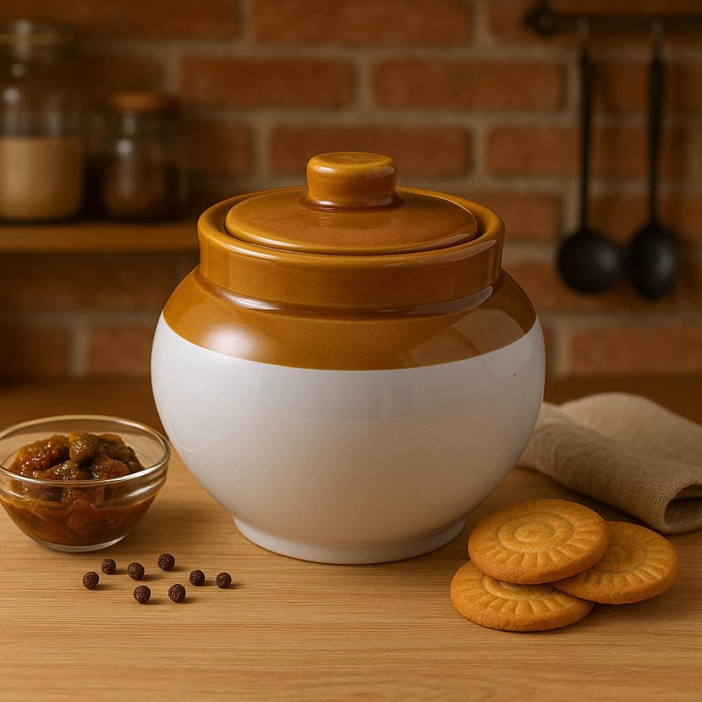 Ceramic Jars (750ML) – Handcrafted Multipurpose Barni with Lid for Pickle, Chutney, Spices, Salt, Sugar – Kitchen Storage Containers, White, White Espresso