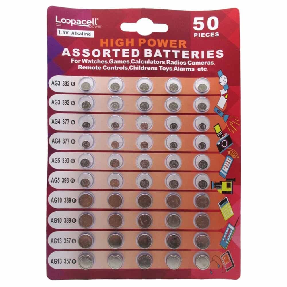Loopacell High Power Super Alkaline Button Cell Assorted 1.5V Battery AG3/LR41 AG4/LR626 AG5/LR754 AG10/LR1130 AG13/LR44,50 Count (Pack of 1)