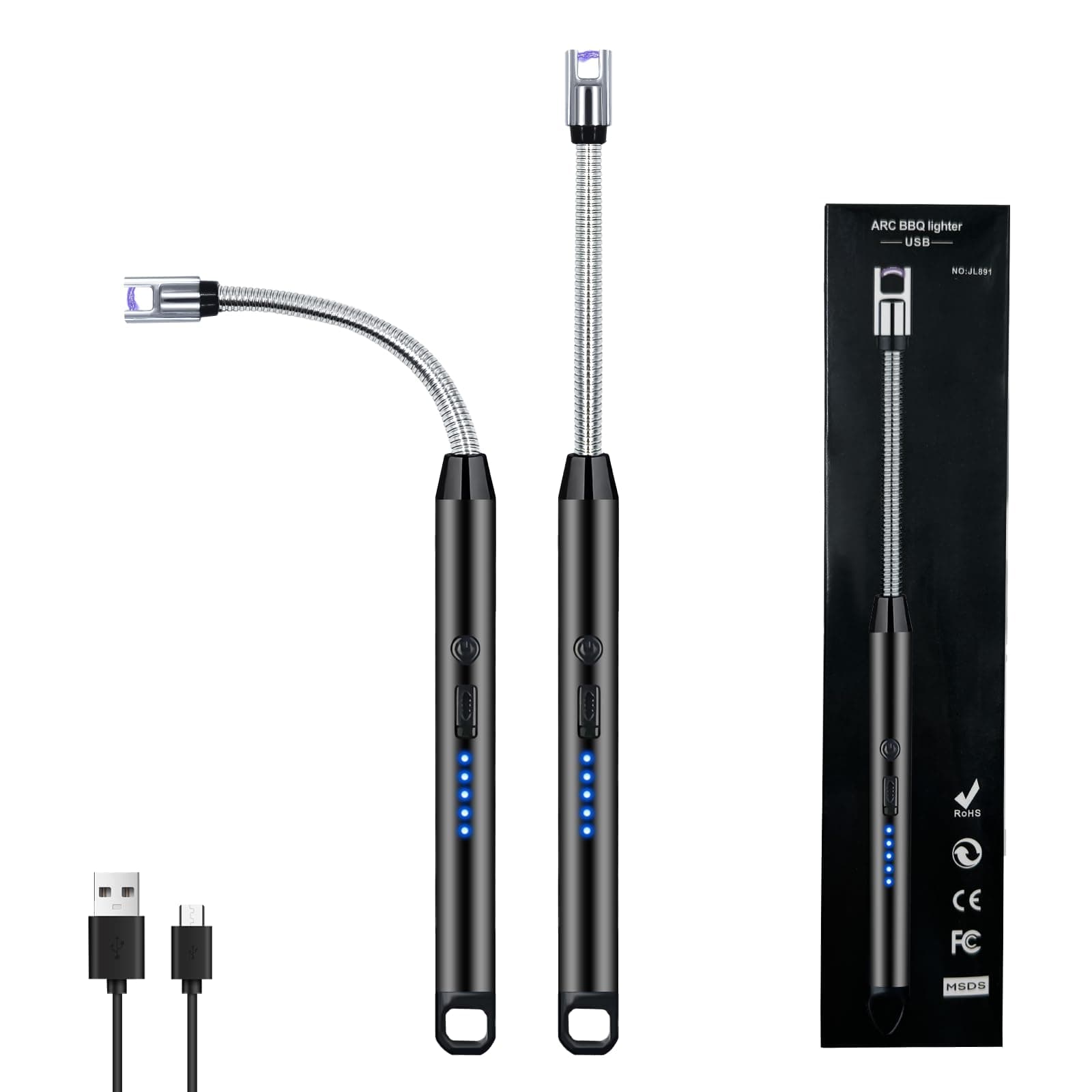 Candle Lighter, Lighter Electric Lighter, Rechargeable Type C Lighters Arc Lighter with LED Battery Display, Flameless Long Lighters for Candles Grill BBQ Camping (Black)