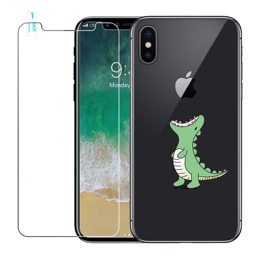 iPhone X Case, iPhone 10 Case with Tempered Glass Screen Protector, Ultra Thin Soft Gel TPU Silicone Case Cover with Cute Cartoon for Apple iPhone X / 10, Crocodile
