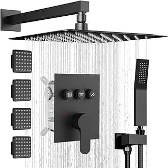 - Shower System with Body Jets,Bostingner 3 Way Shower Faucet Set 12" Rain Shower Head with Handheld Spray, Can Use at Same Time,Push Button Diverter Shower Head Set Complete, Matte Black
