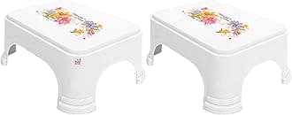 Floral Print 2 Pieces Plastic Bathroom Stool, White