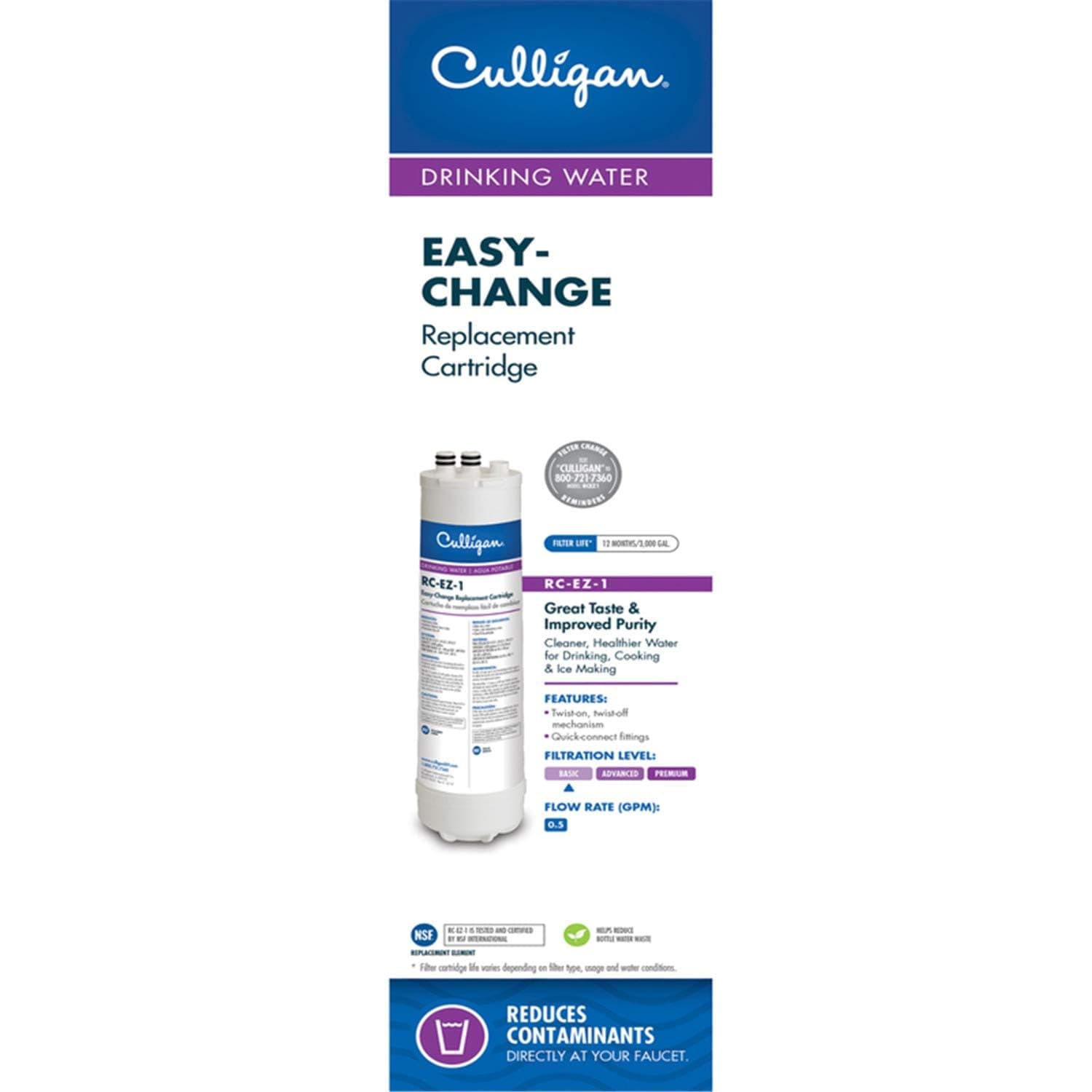 Culligan RC 1 EZ-Change Basic Water Filtration Replacement Cartridge, 3,000 Gallons, Multi