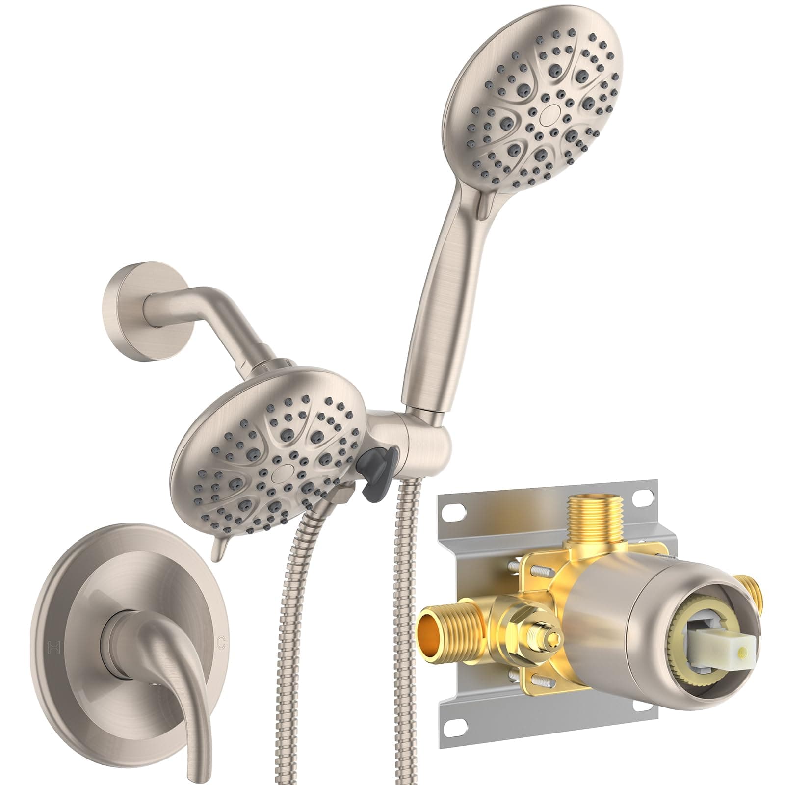 Shower System with Handheld Shower and Rain Shower Combo Set High Pressure 5-spray Dual 2 in 1 Shower Faucet Patented 3-way Diverter Brushed Nickel (Valve Include）