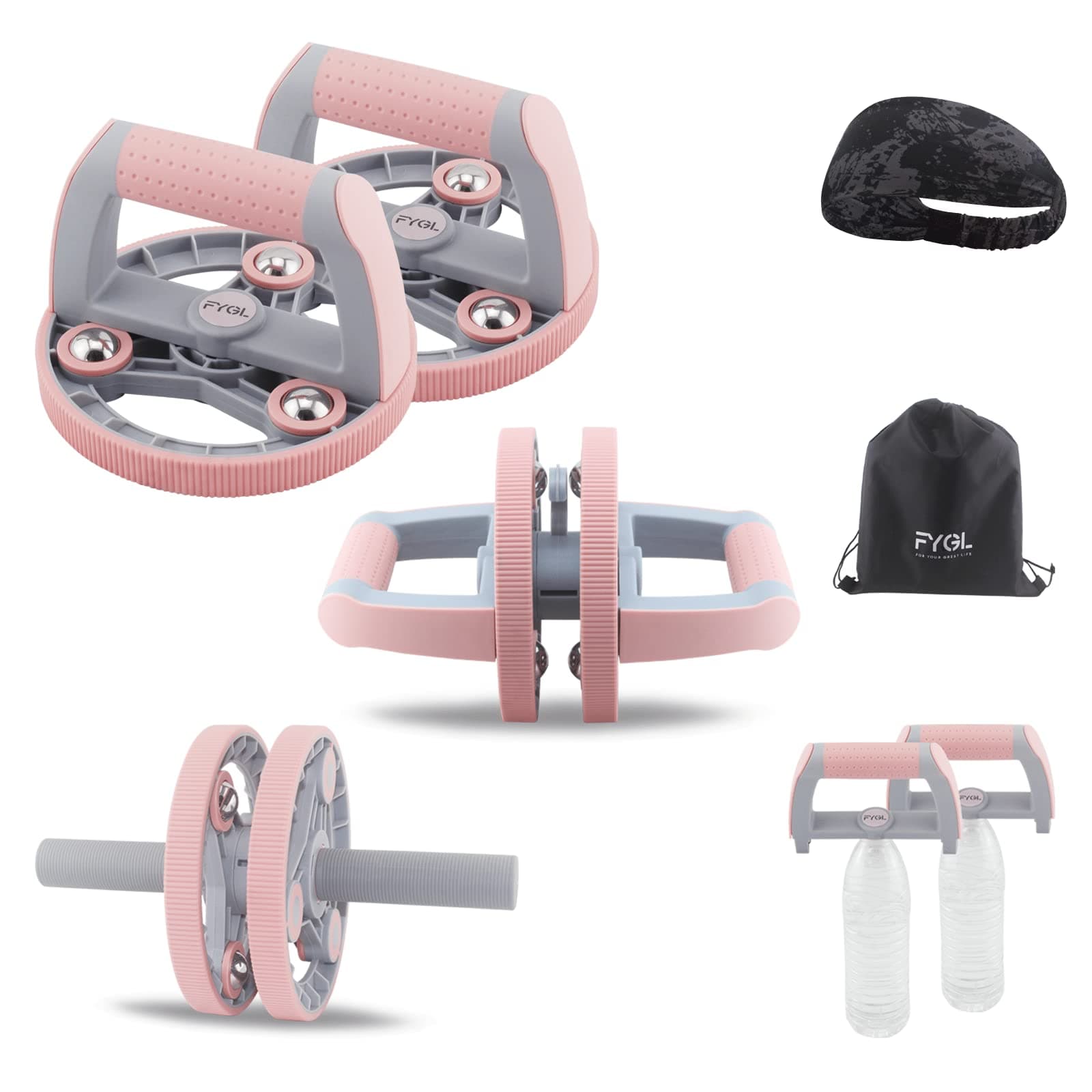FYGL Push-Up-Bars | Multifunction 9 In 1 Workout-Equipment-for-Women | Resistance-Bands | Ab-Roller-Wheel with Knee Pads | Adjustable-Dumbbells | Kettlebell | Home-Gym-Equipment (Pink)