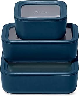 3pc Glass Food Storage Set – 10 Cup, 6.6 Cup, & 4.4 Cup Food Containers - Ceramic Coated - Non Toxic Non Stick Lunch Box with Glass Lids - Dishwasher, Oven, & Microwave Safe - Navy