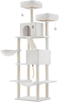 Feandrea Cat Tree, 206 cm Large Cat Tower Condo with 13 Scratching Posts, 1 Scratching Ramp, 2 Perches, 2 Caves, Basket, Hammock, Pompoms, Cream White PCT190T01V1