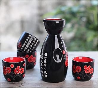 Melbify Japanese Sake Cherry Blossom Design Set | 1 Pc Sake Bottle(180 ml) & 4 Pc Sake Cup(45 ml) | Traditional Craftsmen's Hand Painted Design | Tokkuri Carafe & Cups | Ceramic Serving Gift Set