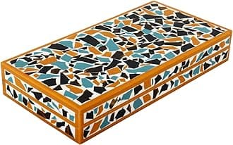 Handicrafts Home Handmade Mosaic Collection Decorative Jewelry Box Organizer – Keepsakes, Trinkets, and Home Decor – Antique Coffee Table Storage, Memory Box, Farmhouse Style Decor Gold, 12x6x2