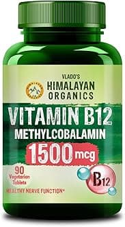 Vlado's Himalayan Organics Methylcobalamin Vitamin B12 1500mcg Supplement for Men & Women - 90 Veg Tablets