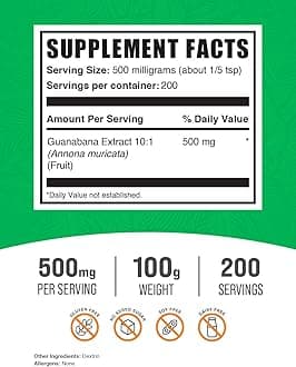 BulkSupplements.com Soursop Fruit Extract Powder - Guanabana Extract, Herbal Supplement - Gluten Free, 500mg per Serving, 100g (3.5 oz) (Pack of 1)