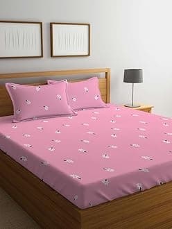 LOOMLYFE 300 TC Cotton Feel Glace Cotton Elastic Fitted Printed King Size Double Bed Bedsheet with 2 Pillow Covers Fits Upto 8 inches Mattress, Size- 72X78 Inches, PinkSmallFlower