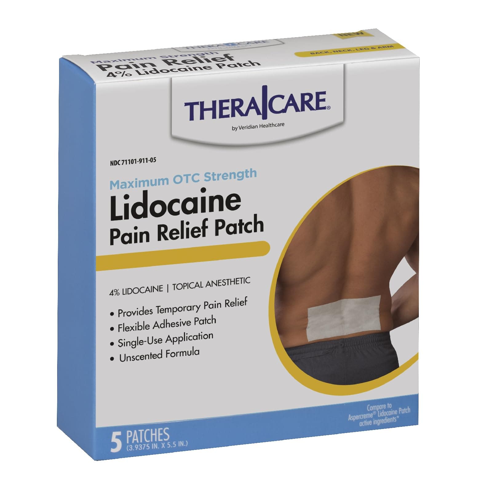 TheraCare Pain Relief Patch | 4% Lidocaine Patch | 3.9” x 5.5” | 5-Count Box
